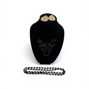 Black Statement Necklace Set with Gold Leaf Earrings - Women Jewelry